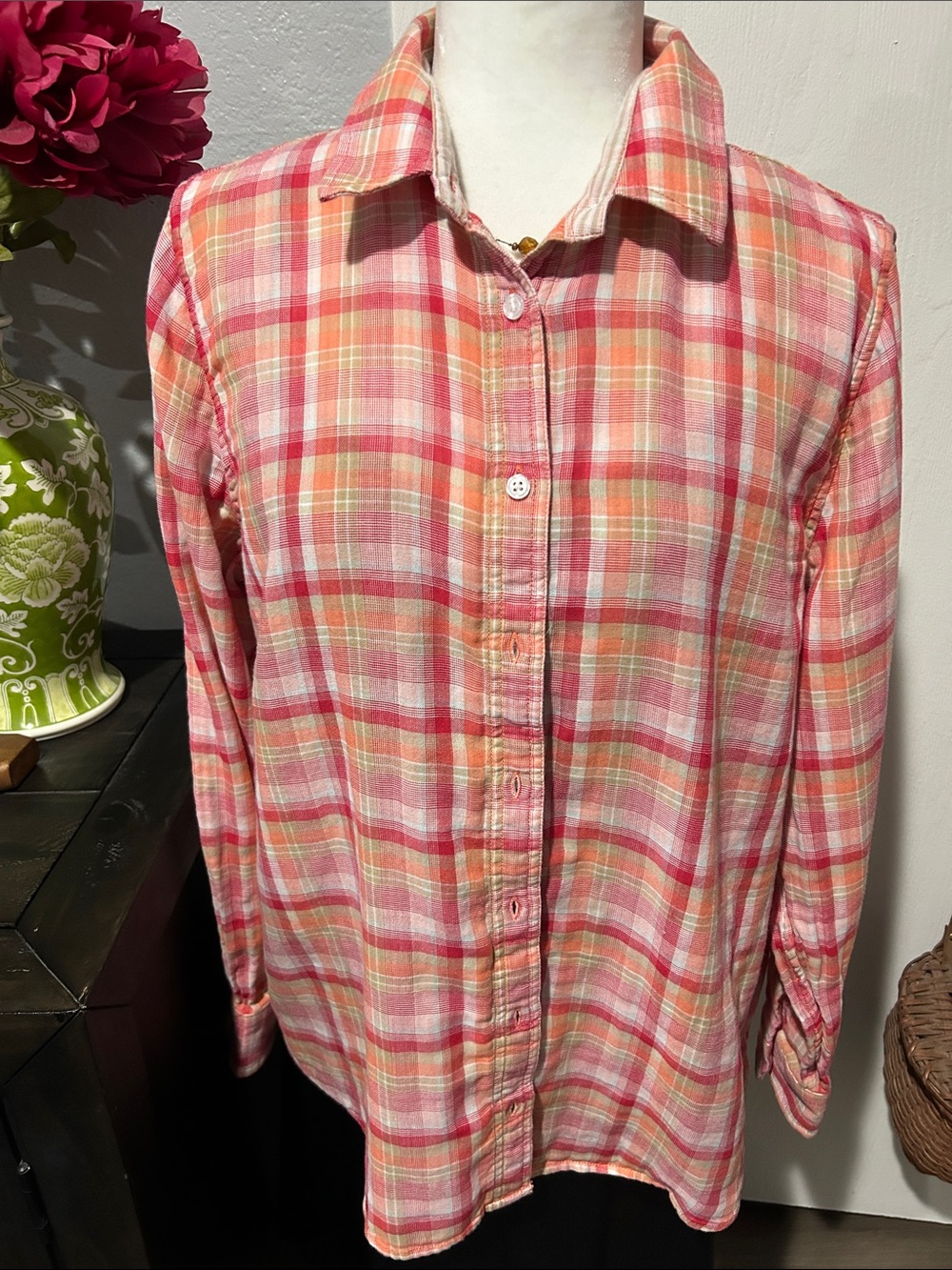 Lands' End Pink & Coral Plaid Button-Down Shirt